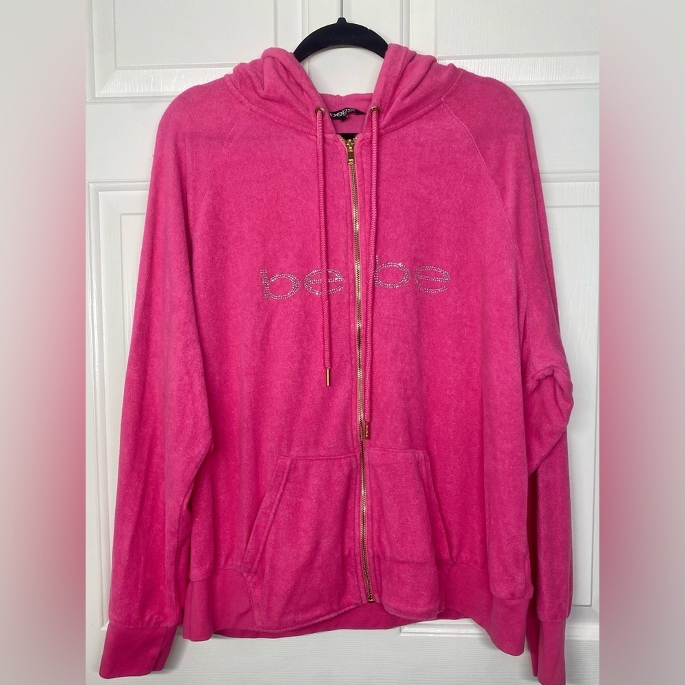 Bebe Pink Gold Vintage y2k Rhinestone bedazzled Velvet Velour Track Jacket 2X